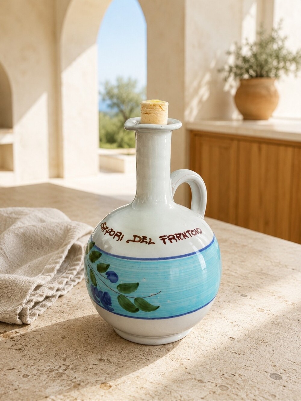 Benegiamo Italy Hand Painted Olive Oil Cruet Bottle Salento Pottery 8"